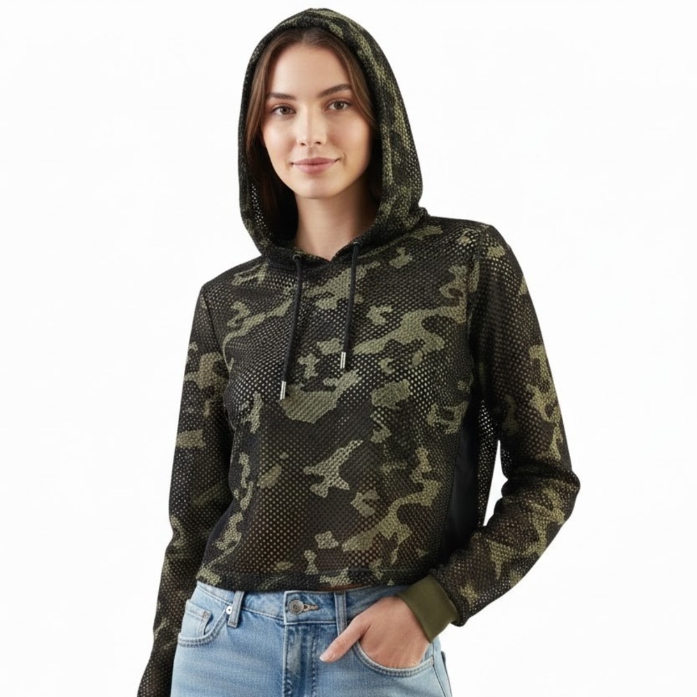GUESS Cropped Top Hoodie Green Camo Mesh Streetwear Edgy Women Size Small